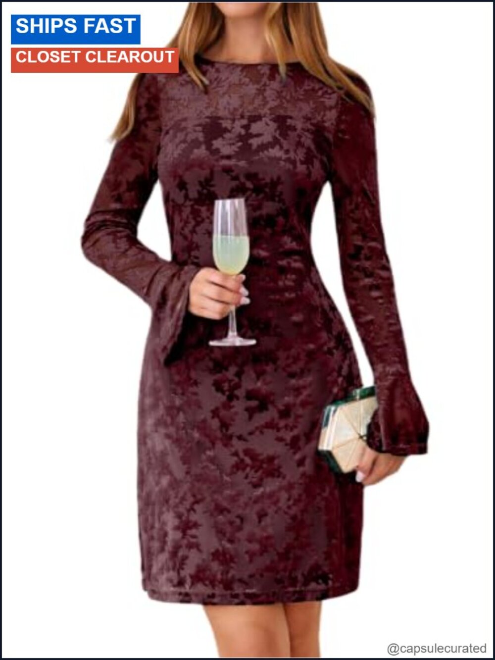 Women Velvet Burnout Floral Sheath Dress Long Sleeve Cocktail Formal